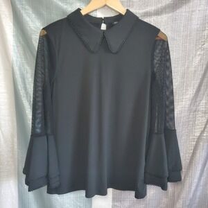 Athena Marie Black Peter Pan Collar Mesh Bell Sleeve Beaded Blouse Top L
Gothic